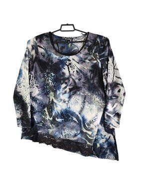 Womens Picadilly Blue Black White Pattern Asymmetric Top Bottom Lace Size XXL
